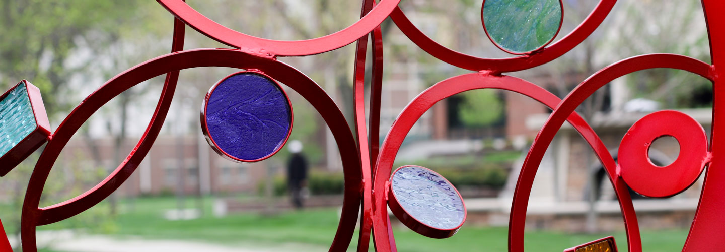 Metalwork and glass sculpture on campus